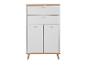 Armoire blanche avec deux portes et deux tiroirs sur des pieds en bois.