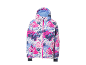 Veste d'hiver pour enfant avec imprimé abstrait coloré et fermeture éclair rose.