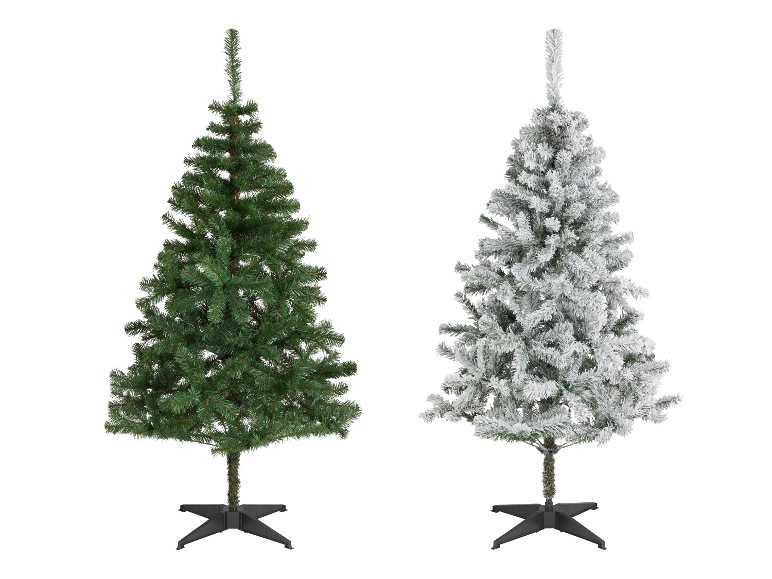 Deux sapins de Noël artificiels, un vert et un floqué, sur fond blanc.