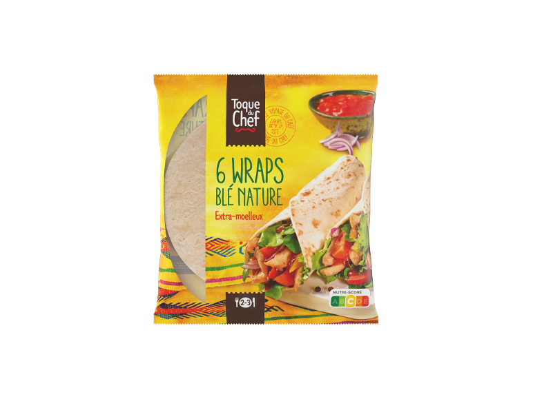 Paquet de 6 wraps de blé nature, extra-moelleux, avec Nutri-Score A.