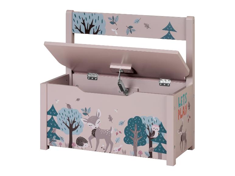 Coffre à jouets rose avec imprimé forêt et cerfs.