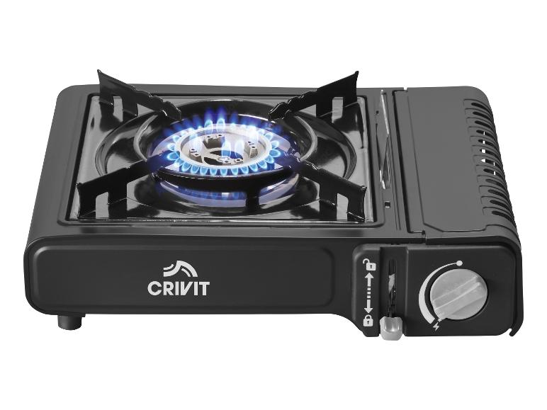 Réchaud à gaz portable noir avec flamme bleue et commandes.