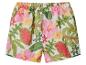 Shorts femme à imprimé floral tropical rose, vert et jaune.