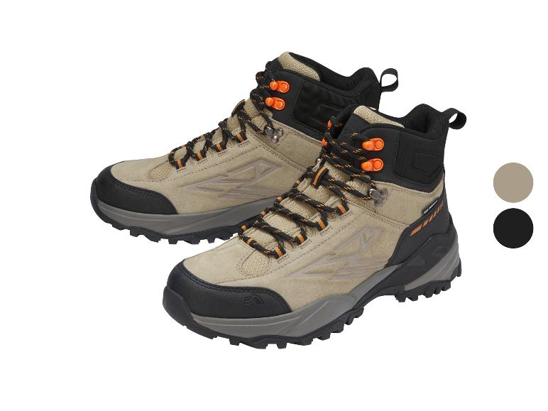 Chaussures de randonnée beiges et noires avec lacets orange, avec échantillons de couleurs.