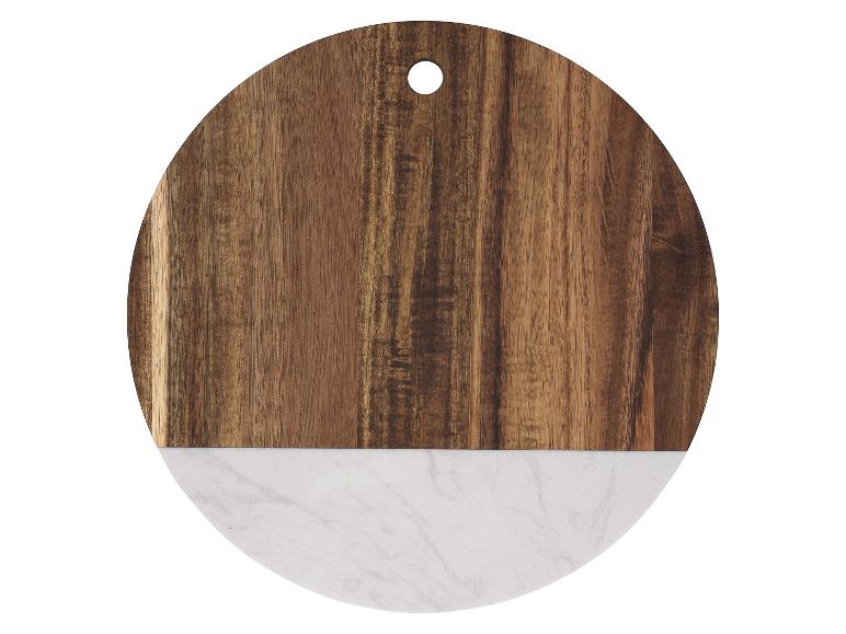 Planche à découper ronde en bois d'acacia et marbre blanc avec trou de suspension.