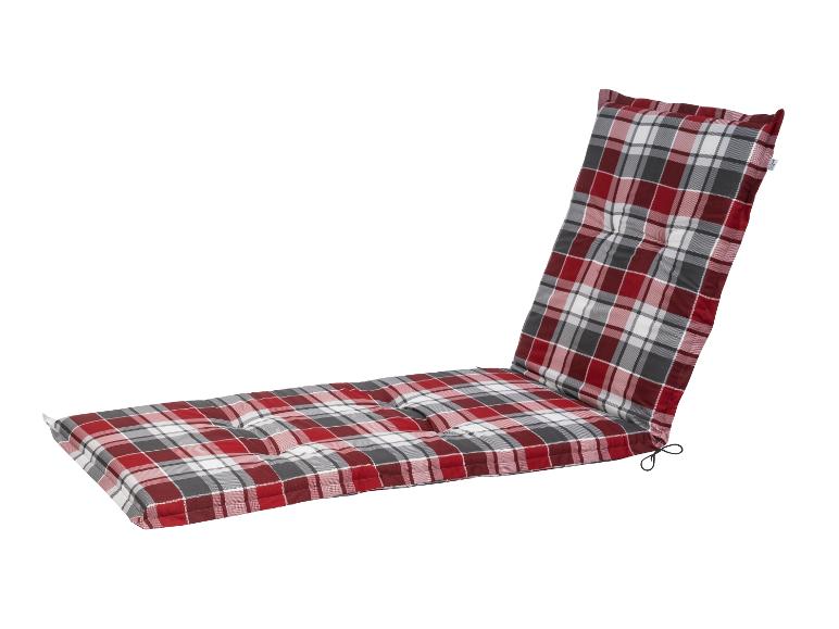 Un coussin de banc à carreaux rouge et gris avec un cordon