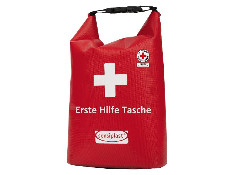 Trousse de premiers secours rouge avec croix blanche et texte 
