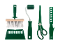 Ensemble d'outils de papier peint verts : brosse, rouleau, ciseaux, spatules.