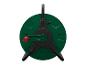 Dévidoir de tuyau d'arrosage vert et noir avec manivelle rouge.