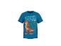 T-shirt bleu avec un dinosaure orange et un petit personnage, texte 'STOMP AROUND'.