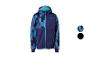 Veste softshell enfant imprimé camouflage bleu et violet avec capuche et fermeture éclair