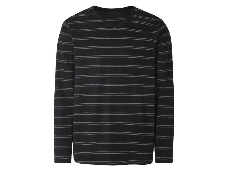 Pull noir à manches longues avec col en V et rayures grises horizontales.