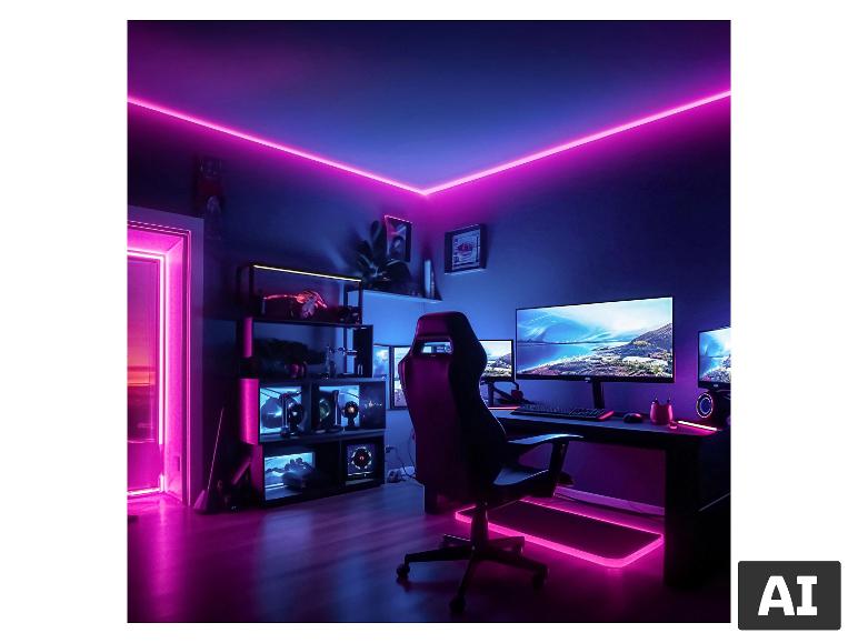 Salle de jeux avec néons roses et bleus, chaise gaming et plusieurs écrans.