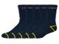 Quatre paires de chaussettes Parkside bleu marine avec des détails jaunes.