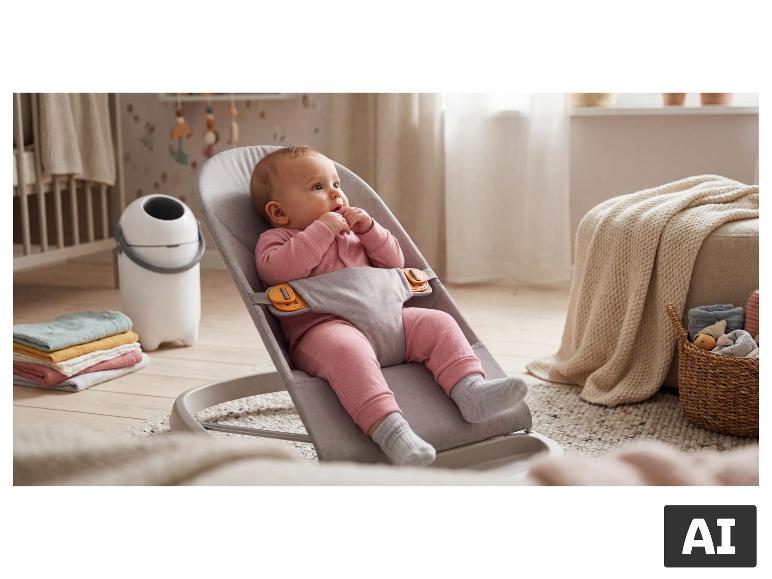 Bébé dans un transat dans la chambre d'enfant à côté de la poubelle à couches LUPILU®. [image générée par l'IA]