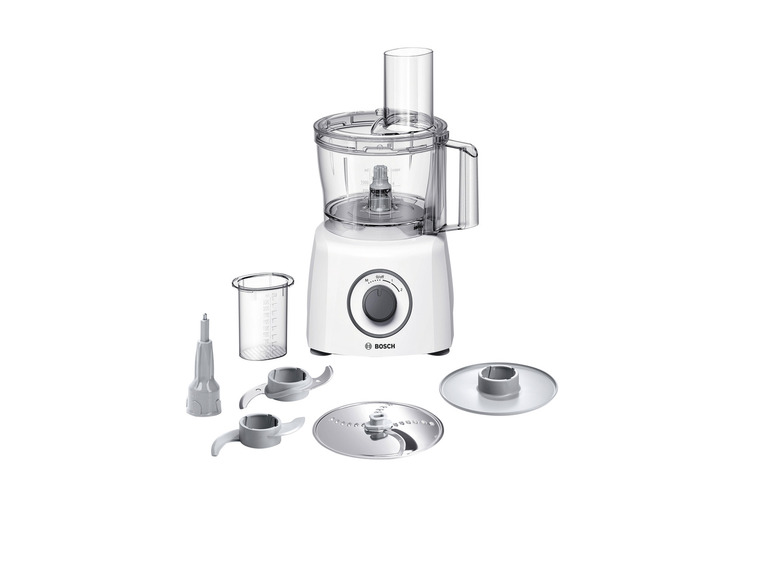Un robot culinaire Bosch blanc avec des accessoires, notamment des lames et un disque.