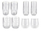 Deux jeux de verres à double paroi, l'un de forme droite et l'autre de forme ondulée.