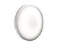 Plafonnier LED rond avec bord argenté, émettant une douce lumière blanche.