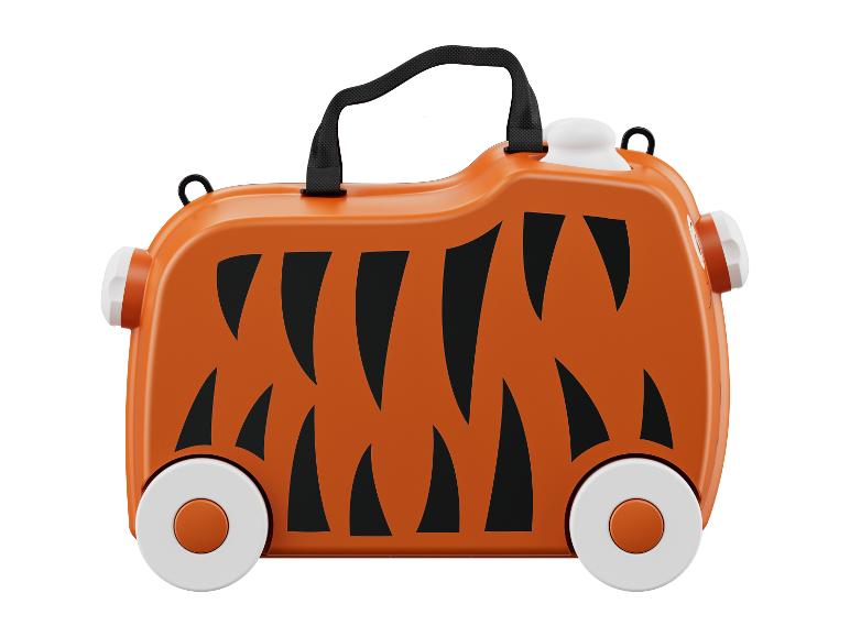 Une valise orange avec un imprimé de tigre sur roulettes pour enfants.