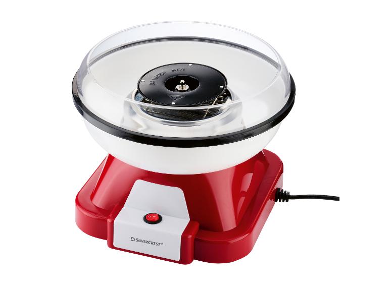 Machine à barbe à papa SilverCrest rouge et blanche avec un bol en plastique transparent