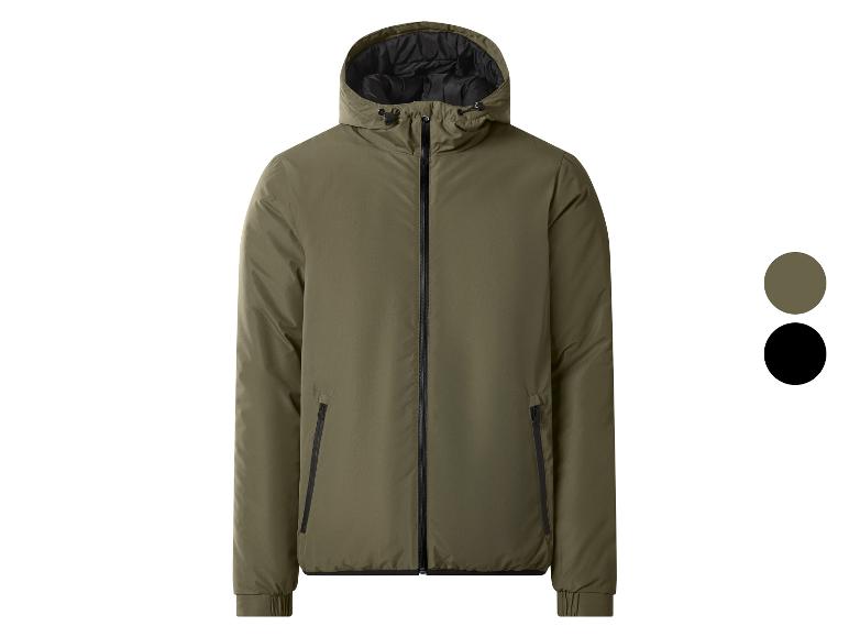 Doudoune homme vert olive avec fermeture éclair noire et capuche doublée de noir.