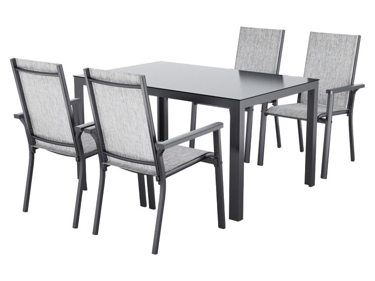 Ensemble de mobilier de jardin avec table grise et quatre chaises en tissu