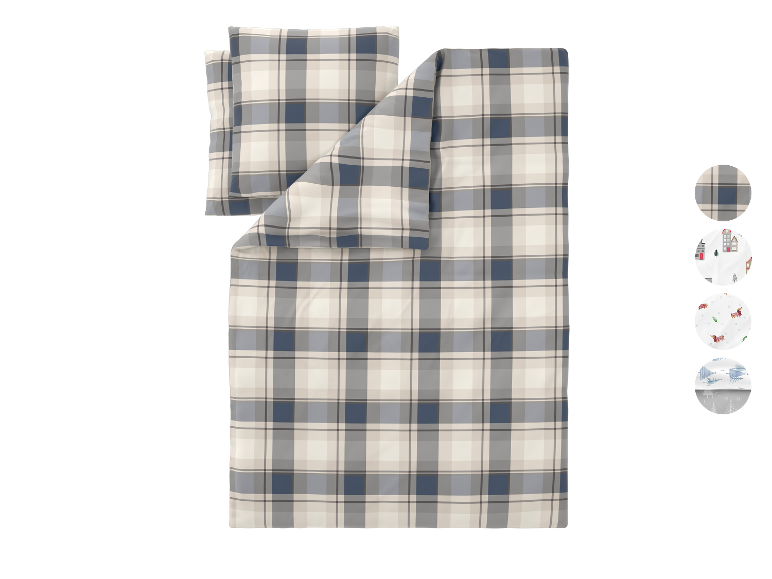 Parure de lit LIVARNO® Feinbiber à carreaux bleus, gris et beiges.