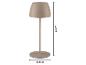 Lampe de table sans fil beige avec dimensions : hauteur 20cm, diamètre de la base 8cm.