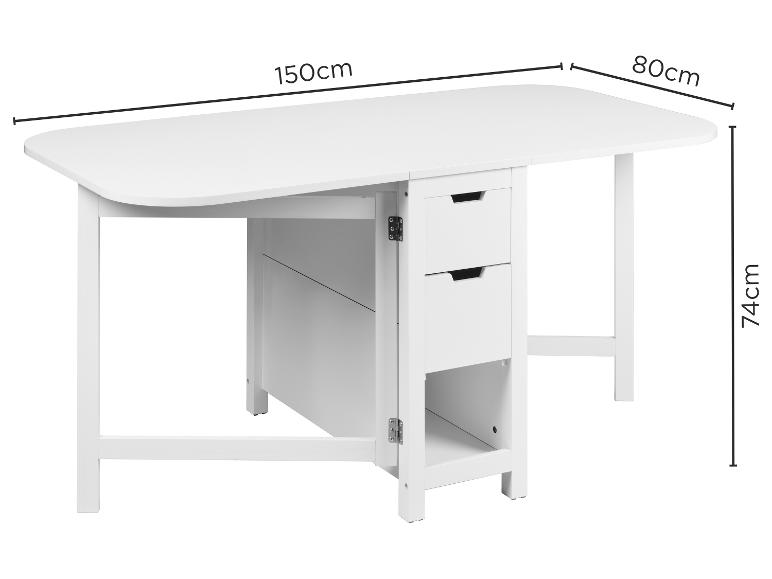 Table à manger pliante blanche avec tiroirs, 150x80x74cm.