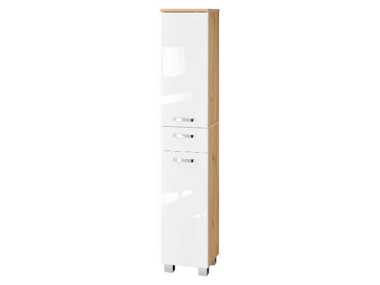 Armoire haute blanche brillante avec côtés aspect bois et trois poignées chromées