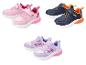 Chaussures pour enfants roses, bleu marine et violettes avec velcro et lacets.