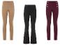 Trois types de pantalons pour femmes : beige à boutons, noir évasé et bordeaux à boutons.