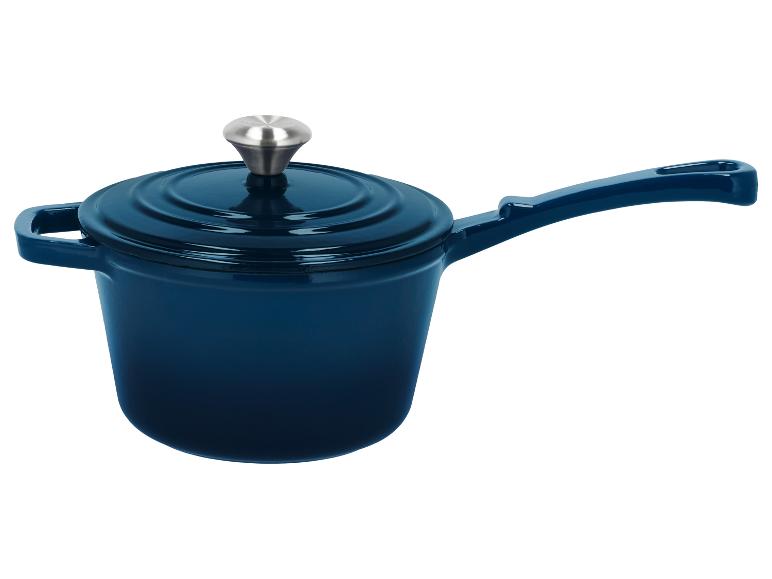 Casserole en fonte émaillée bleu foncé avec couvercle et bouton métallique