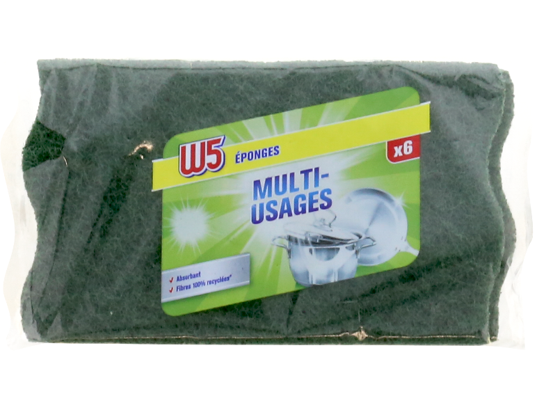 Paquet de six éponges vertes multi-usages pour la vaisselle.