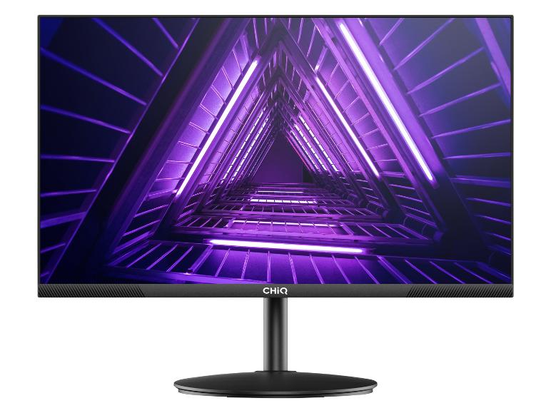 Moniteur d'ordinateur noir avec une image abstraite de lumières violettes à l'écran.