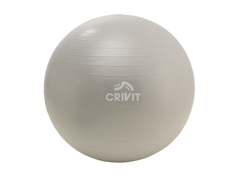 Ballon de gymnastique gris avec des rayures horizontales.