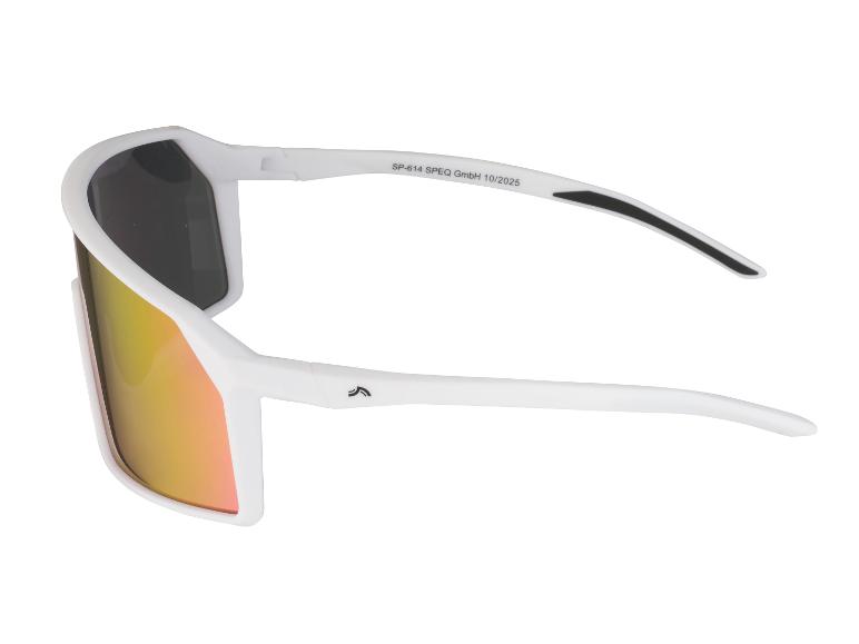 Lunettes de sport blanches avec verres miroir orange et texte 'SP-614 SPEQ GmbH 10/2025' sur la branche.