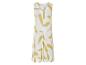 Robe blanche sans manches avec motif abstrait jaune moutarde.