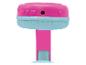 Casque rose avec coussinets bleus et boutons