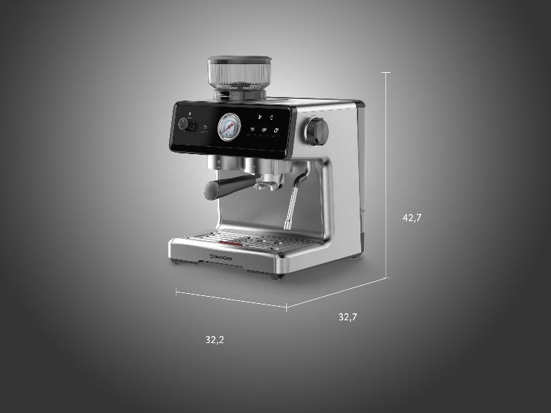 Premium-Espressomaschine SILVERCREST SEMST 1500 A1 avec dimensions.