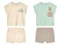 Deux ensembles bébé : t-shirt et short, motifs surf et kangourou.