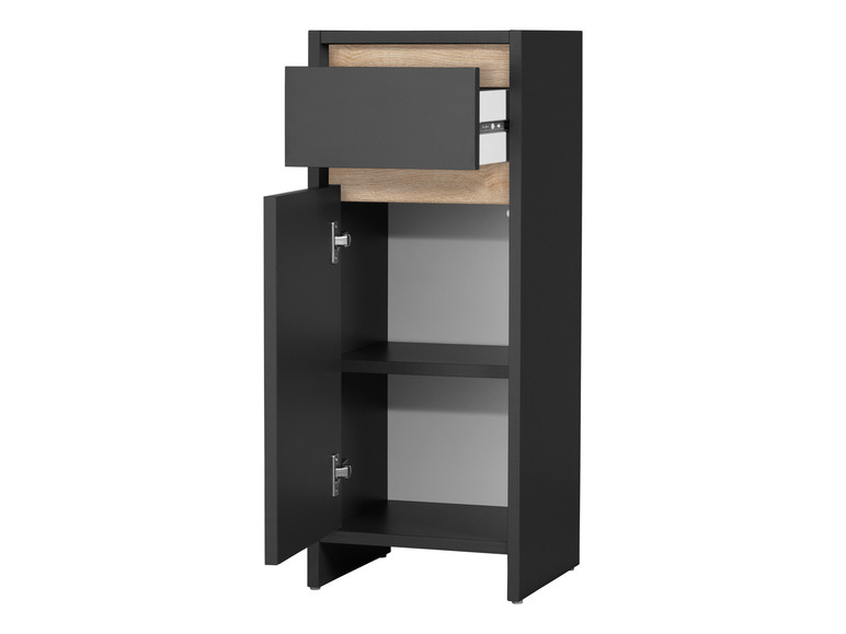Une armoire noire avec un tiroir et une porte avec des étagères.