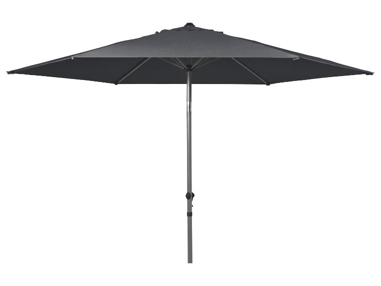 Parasol gris foncé avec un mât argenté, vu de face sur fond blanc.