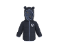 Veste enfant bleu foncé avec capuche à oreilles, doublure colorée et personnage de dessin animé sur la poitrine.