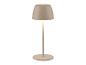 Lampe de table portable avec abat-jour conique et base ronde, de couleur beige.