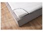 Matelas blanc avec housse amovible sur un cadre de lit gris rembourré sur un parquet.