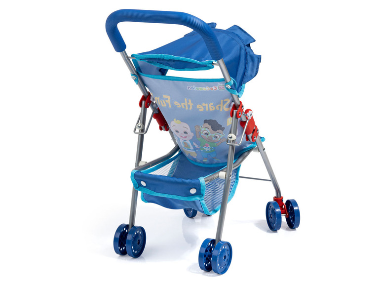 Une poussette bleue avec un design 'Share the Fun'.