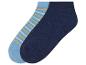 Une paire de chaussettes, une bleu marine et une avec des rayures bleues et jaunes.