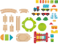 Ensemble de jouets en bois avec rails de train, train, blocs et xylophone.