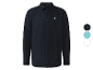 Une chemise bleu marine à manches longues avec un petit logo.
